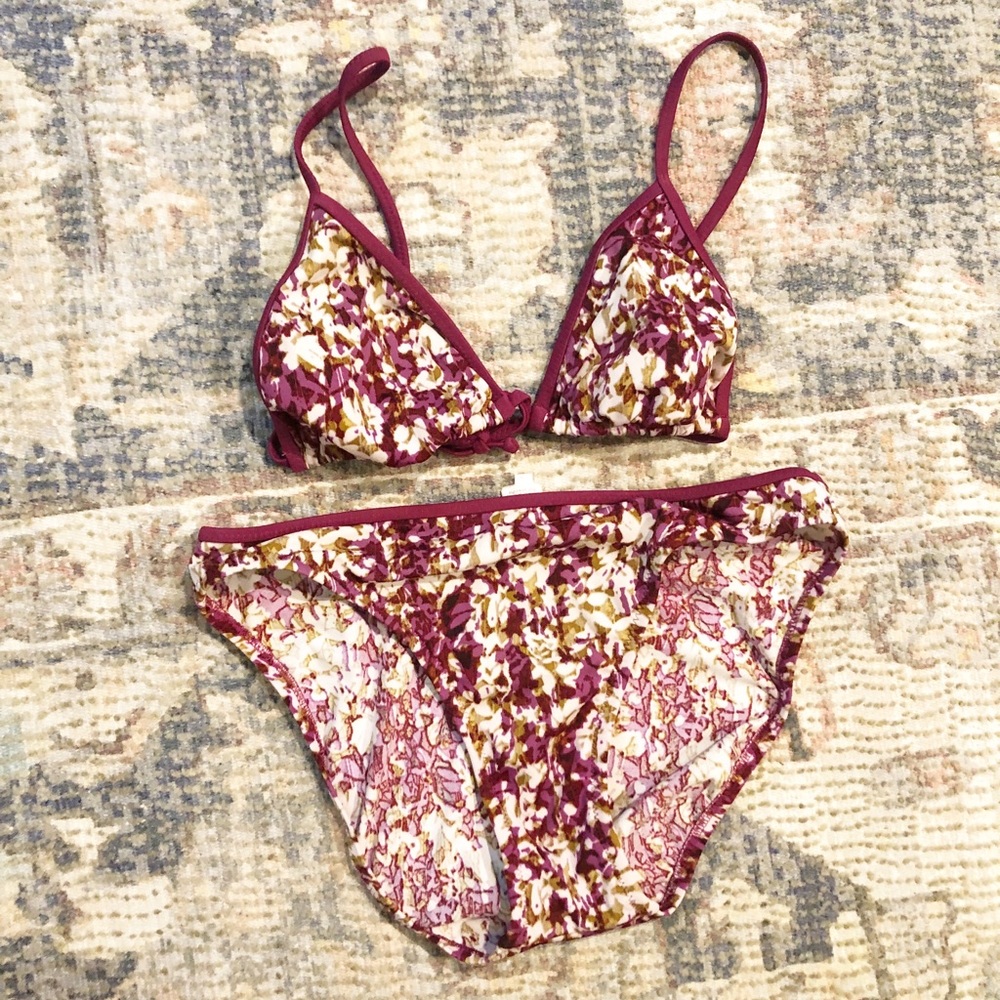 J. Crew Maroon Floral Bikini Medium